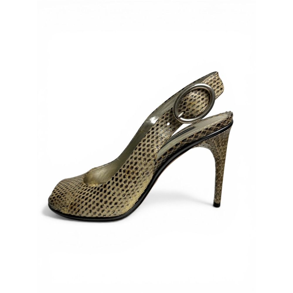 Dolce & Gabbana Snakeskin Embossed Peep Toe Slingback Heels Beige Brown Size 37‎